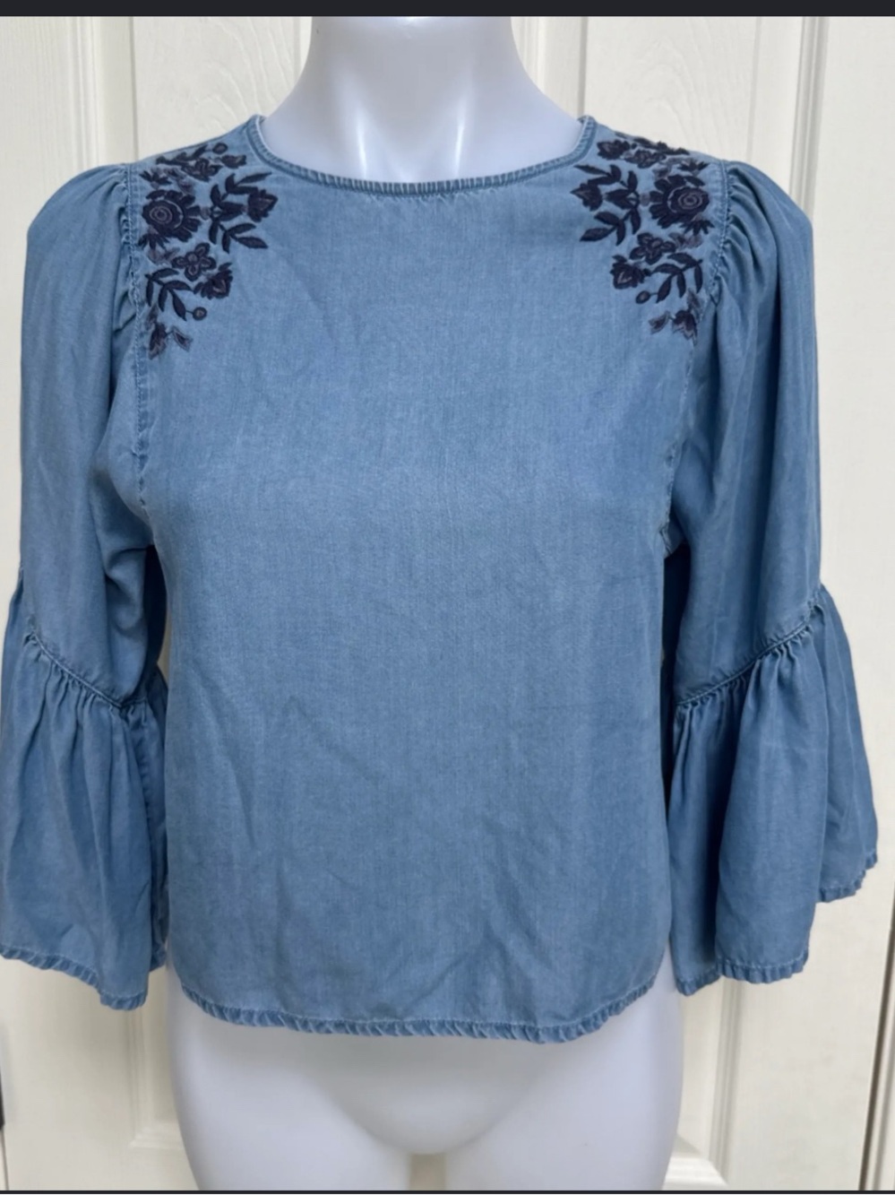 Hollister Light Blue Chambray Blouse with Navy Floral Embroidery